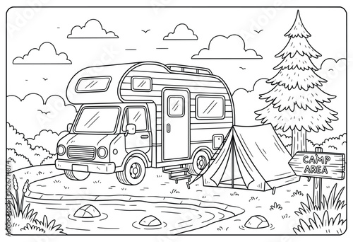 Camping Scene with Camper Van, Tent, and Camp Area Sign by a Lake Surrounded by Trees and Clouds Perfect for Coloring Pages and Outdoor Travel Illustrations