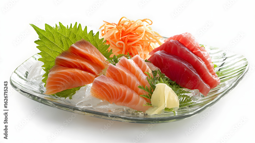 Photorealistic Sashimi Platter with Salmon and Tuna on Ice Garnished with Fresh Vegetables and Herbs Photorealistic Sashimi Platter with Salmon and Tuna on Ice Garnished with Fresh Vegetables and Herbs