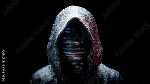a hooded figure in a dark void, face obscured by glitch effects, streaming code across the skin, anonymous identity formed by data, cyberpunk conceptual art, 