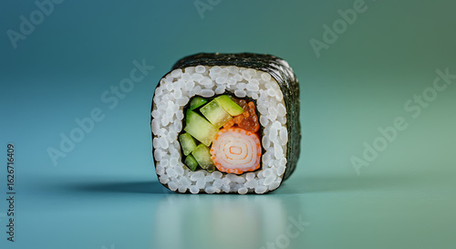 Close-up of California sushi roll featuring crab stick, cucumber, and avocado. Studio shot with soft lighting