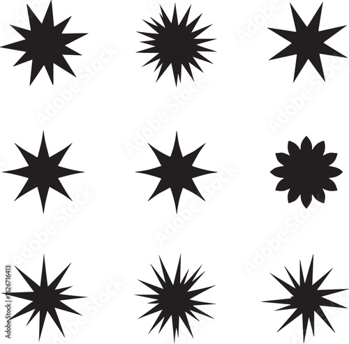 Collection of Nine Black Starburst Silhouettes on a White Background Displayed in a Grid