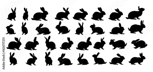 Easter hare and rabbit silhouette vector artwork, minimalistic, aesthetic profile shapes, jumping and standing postures, black & white wildlife rodent illustrations, icon set