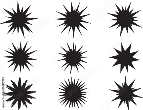 Collection of Nine Black Starburst Shapes on a White Background