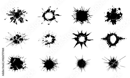 Broken glass burst, bullet hole cracks, and explosive silhouettes vector set. Impact damage, shattered effects, and fractured blast visuals suited for comics, gaming art, action themes