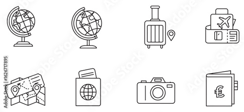 Collection of travel icons and symbols representing global tourism and adventure