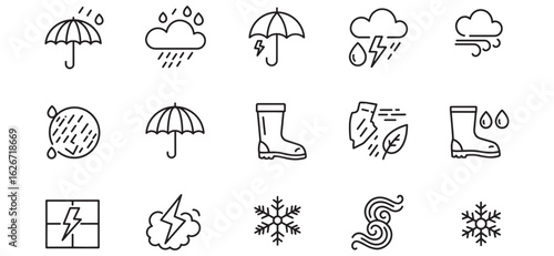 Minimalist weather icons featuring rain clouds lightning snow and wind symbol designs