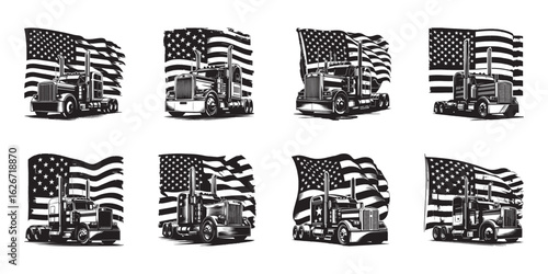 Eight Diverse Black and White Illustrations of Semi Trucks and American Flags Keywords: semi truck, trailer, truck, American flag, USA flag, transport, logistics, trucking, freight, cargo, heavy