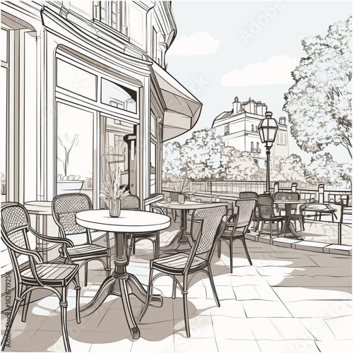 French Street Café Doodle Sketch with Tables and Chairs – No People Scene