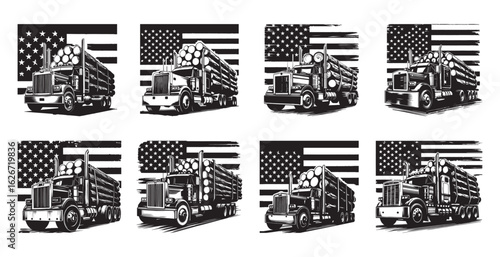 Eight Black And White Illustrations Of Log Trucks With American Flags semi truck logging truck