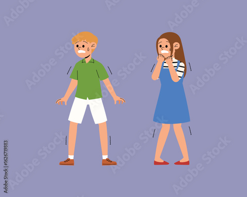 uncomfortable people petrified, young people afraid of something, anxious man ands depression woman shaking, scared male and female frozen with fear, frighten person trembling concept illustration