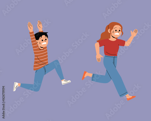 unhappy people run away, anxious man and woman terrified, young people nervous and escape, scared male and  female character afraid something and get away, leaving terribly situation illustration