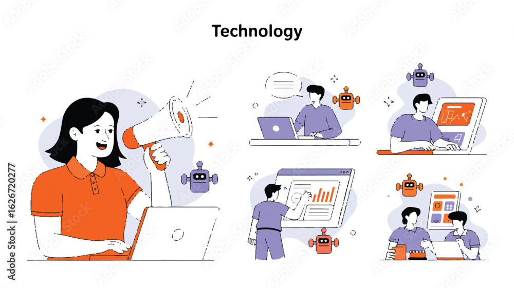 Obraz premium A flat design illustration set with a TECHNOLOGY header in black text at the top.