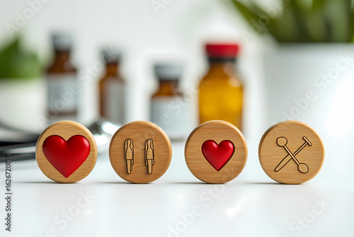 Wooden Tokens with Medical Symbols and Red Hearts Arranged on a White Surface with Blurred Pharmacy Bottles in the Background