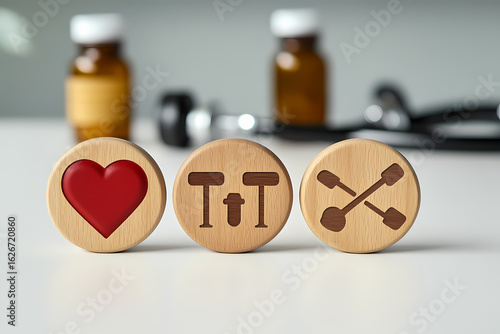 Wooden Tokens Featuring Medical Heart and Orthopedic Support Symbols on a Healthcare Professional Table