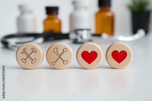 Wooden Tokens Representing Diagnostic Health Evaluation and Wellness Progression on a Medical Desk