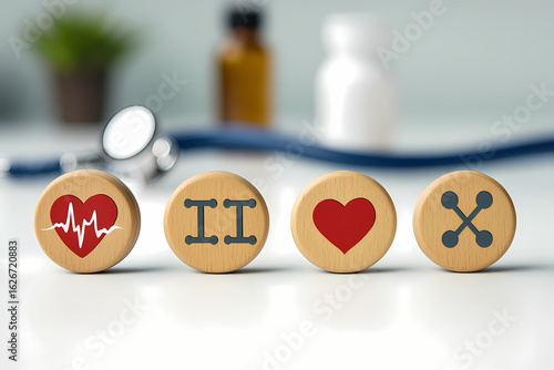 Wooden Circles Displaying Diverse Medical Health Icons and Symbols on a Desk with Stethoscope and Medicine Bottles Background