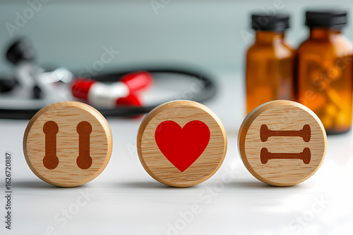 Wooden Blocks with Heart and Bone Symbols for Canine Wellness and Veterinary Healthcare Concept
