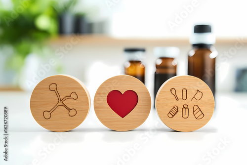 Round wooden caps with engraved icons a heart and medical symbols, set against a blurred background of amber bottles, suggesting natural remedies or essential oils