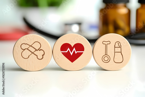 Healthcare Concept Featuring Heartbeat and Medical Care Icons on Wooden Discs for Wellness and Patient Monitoring