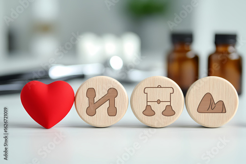 Healthcare and Wellness Concept with Red Heart and Medical Icons on Wooden Blocks in Laboratory Setting