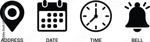 Date, Time, Address or Place Icons: Symbol - Time, date and address or Place icon set. Clock, calendar, location pin. Vector illustration. 
