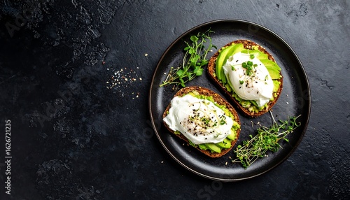 Two avocado toast slices with poached eggs on a dark plate