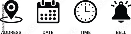 Date, Time, Address or Place Icons: Symbol - Time, date and address or Place icon set. Clock, calendar, location pin. Vector illustration. 