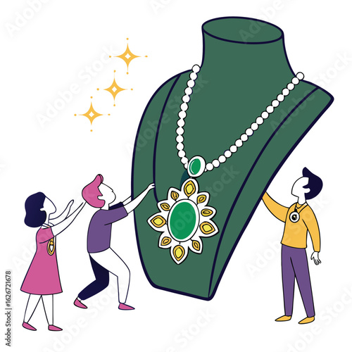 "Elegant Pearl Necklace Display with People Illustration"


