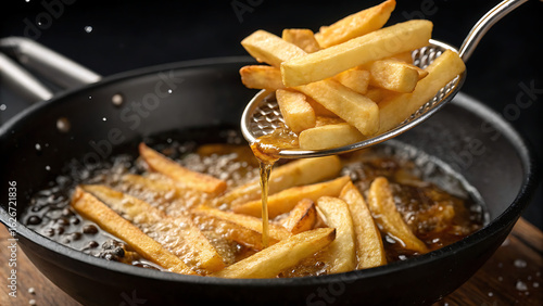 photograph of golden French fries being fried in hot oil with Barger.