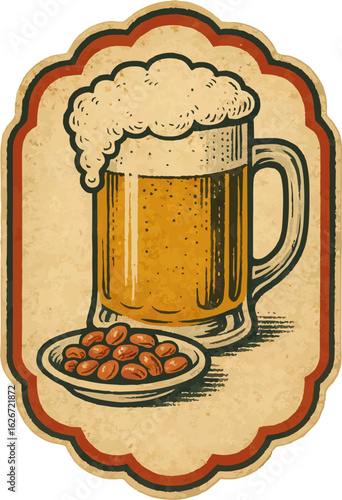 A vintage illustration featuring a frothy mug of beer and a plate of peanuts, framed with a decorative border.