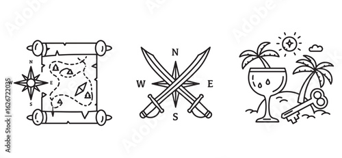 Vector illustration of pirate themed icons map compass crossed swords and tropical treasures