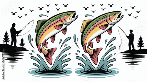 A stylized illustration of two identical jumping trout in a woodcut print style. 