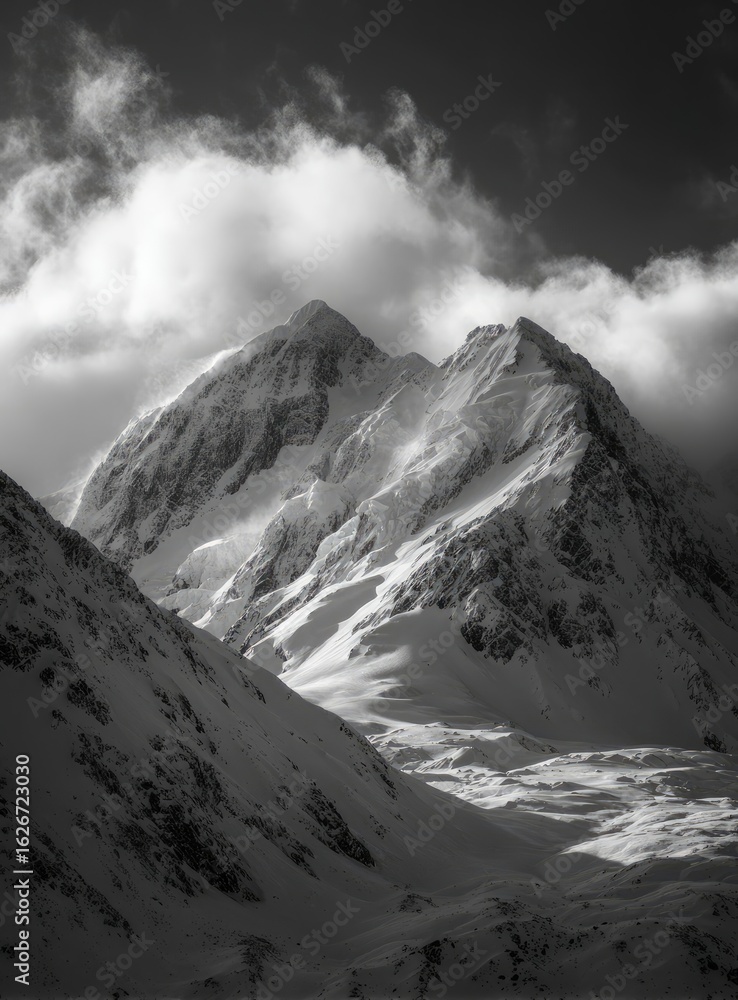 Obraz premium Snowy mountain peak, dramatic light. Towering, icy summit, illuminated by a sunlit cloud formation. Sharp angled slopes and glacial patterns