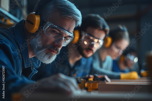 Skilled Carpenters in Safety Gear Focusing on Precision Woodworking Project in Workshop