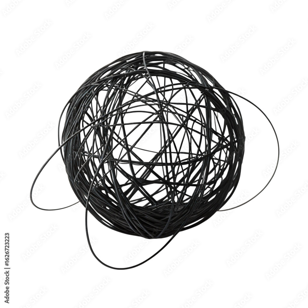 Abstract tangled dark sphere with wire elements isolated on transparent background Abstract tangled dark sphere with wire elements isolated on transparent background
