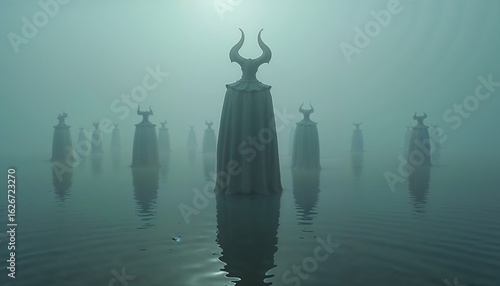 Horned figures, a creepy foggy, ancient landscape