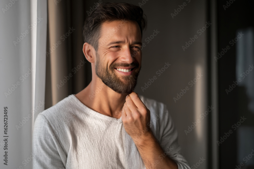 Obraz premium Smiling Man Grooming Beard in Soft Daylight at Home