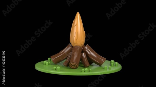 Looping 3D bonfire animation with glowing flames and smoke, perfect for camping and outdoor scenes. Transparent background for video and motion graphics