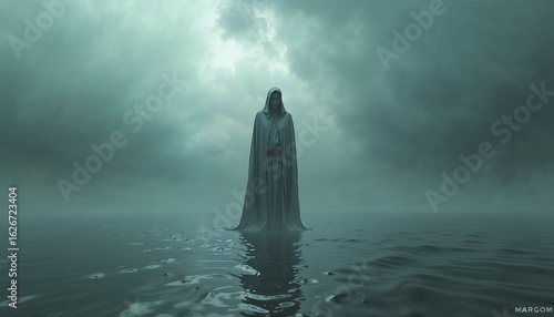 Cloaked Figure Mysterious and Spiritual Standing in Calm Water Under Brooding Dark Sky