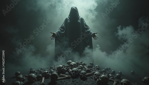 Hooded Figure Ominous and Dark with Outstretched Arms Amidst Skulls in Smoky Environment