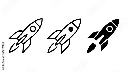 Vector art of collection of rocket ship icons in black and white isolated on white background