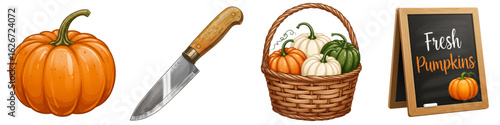 Set of isolated pumpkins, knife, basket, and chalkboard for autumn  