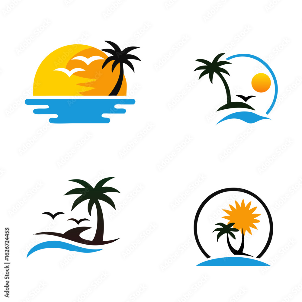 Obraz premium Summer beach logo. Coconut tree, beach resort logo