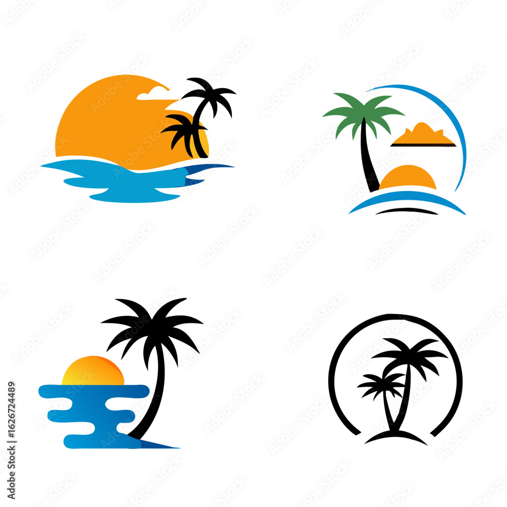 Obraz premium Summer beach logo. Coconut tree, beach resort logo