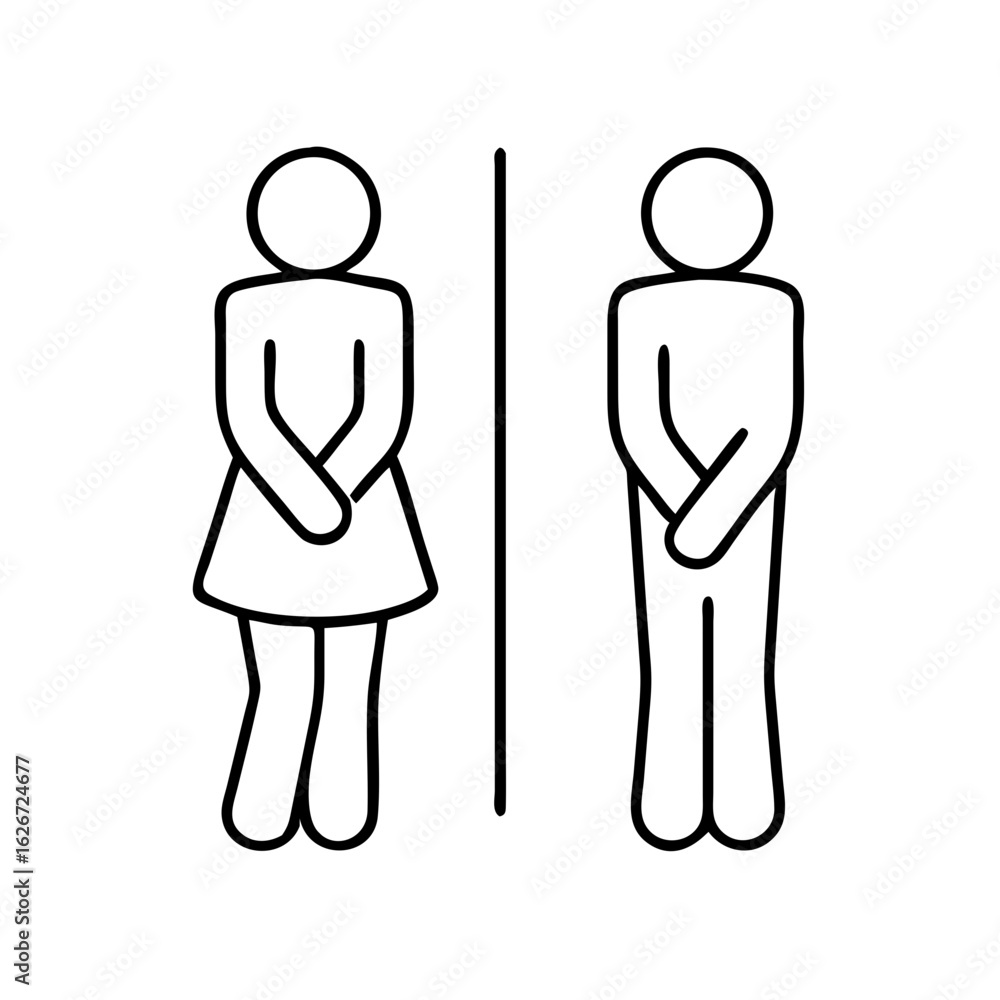 Fototapeta premium male and female restroom icon in line style. Funny toilet couple symbol, desperate pee Girls and boy wc icon, fun bathroom door signs, humor public washroom , vector illustration