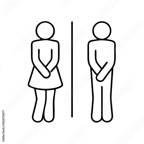 male and female restroom icon in line style. Funny toilet couple symbol, desperate pee Girls and boy wc icon, fun bathroom door signs, humor public washroom , vector illustration