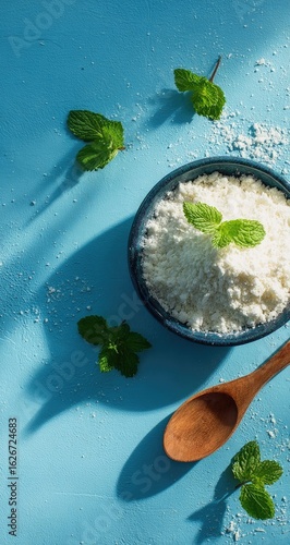 Powdered food in bowl, mint garnish