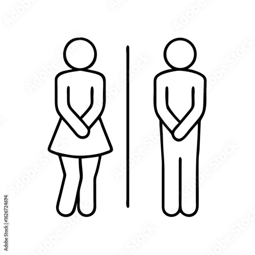 male and female restroom icon in line style. Funny toilet couple symbol, desperate pee Girls and boy wc icon, fun bathroom door signs, humor public washroom , vector illustration