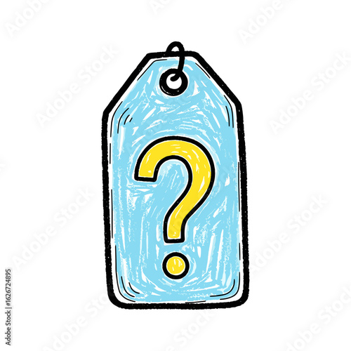 Blue price tag with question mark illustration in doodle style  