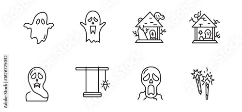 A collection of minimalist halloween icons depicting spooky ghosts and spells in black